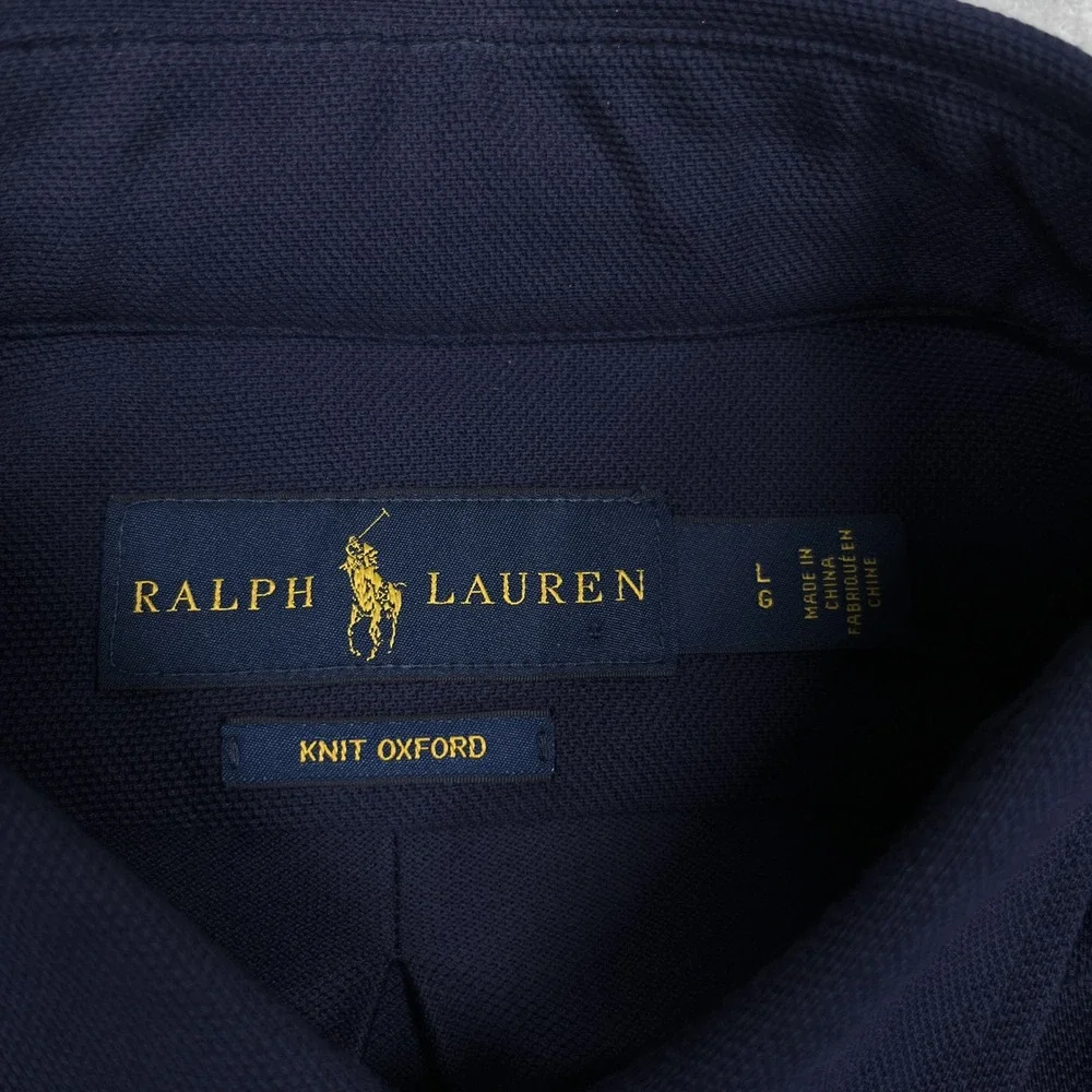 Ralph Lauren Knit Oxford Shirt Mens Large Navy Blue Stretch Flesh Pony Cotton - Picture 9 of 12